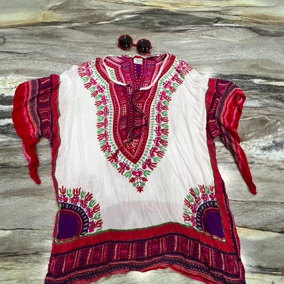 Women's Advanced Apparels One Size Boho Tribal Tunic Shirt Top in White Pink - Picture 6 of 8